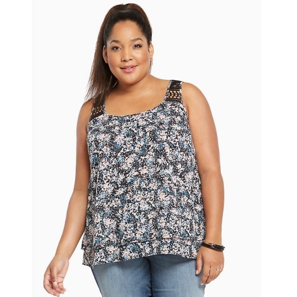 Torrid FLORAL LAYERED CHIFFON CROCHET TANK TOP Size 1X